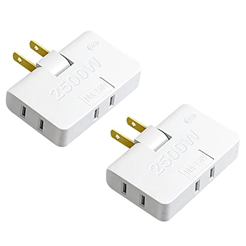 3 in 1 Rotatable Outlet Extender Adapter, Foldable 2-Prong Swivel AC Adapter, Slim Design 2500W Indoor Wall Tap Power Socket Converter Plug, Perfect for Home and Travel, White (2 Pack)
