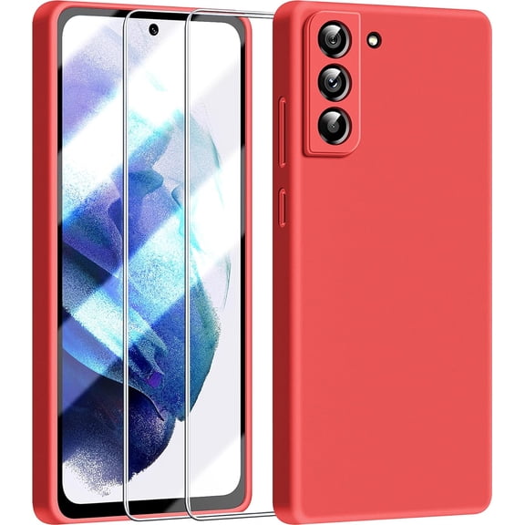 3 in 1 for Samsung Galaxy S21 Plus Case, with 2 Pack Screen Protector, with Full Camera Cover Protection，Liquid Silicone Slim Shockproof Protective S21+ Phone Case (Red)
