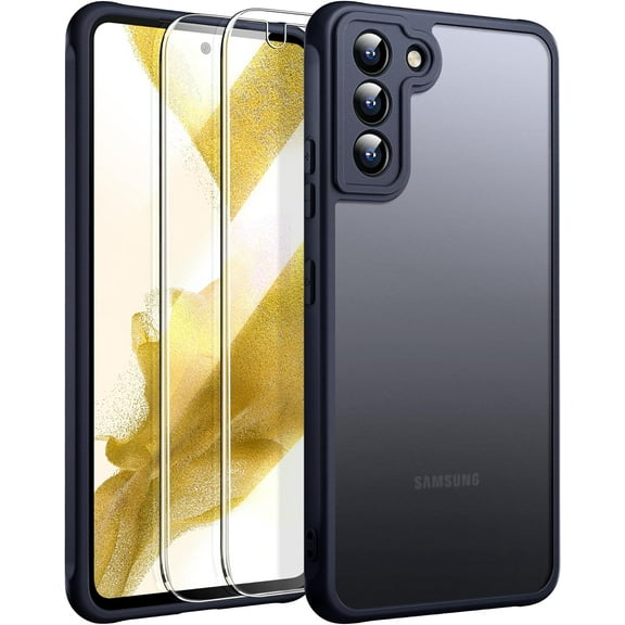 3 in 1 for Samsung Galaxy S22 Case, with 2 Pcs Tempered Glass Screen Protector, Reinforced Corners for Protection Shockproof Protective S22 Phone Case 6.1 inch Black