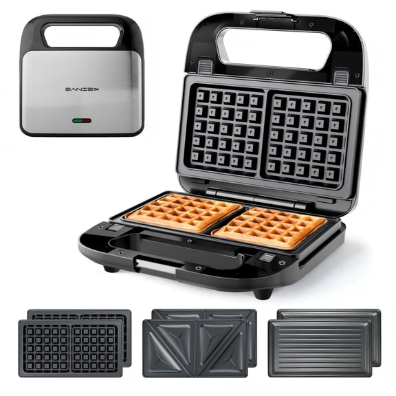 KEINVE 3-in-1 Sandwich Maker, Waffle Maker and Panini Press Grill, Electric Breakfast Station with 3 Detachable Non-Stick Plates, Cool Touch Handle with Latch, Black