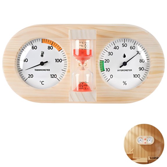 3 in 1 Sauna Thermometer Hygrometer Timer, 9.8 x 5.5 in Wooden Frame with 15 Minute Sand Timer, Wall Mounted High Temperature Resistant Humidity Monitor for Sauna Room
