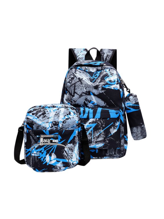 3 in 1 School Backpack Set with Lunch Bag & Pencil Case, Waterproof Blue Camouflage Graffiti Print Bookbag for Boys Girls Teens Students, Durable Nylon for College Travel Commute