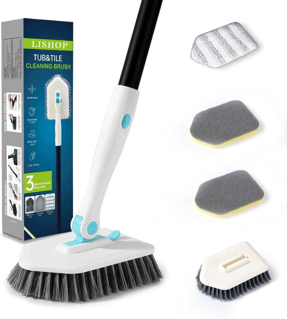 3 in 1 Shower Cleaning Brush with 51'' Long Handle, Rotatable Head