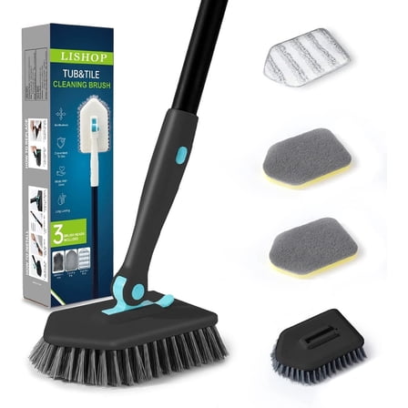 3 in 1 Shower Cleaning Brush with 51'' Long Handle, Rotatable Head Stiff Shower Scrubber for Cleaning, Adjustable Long Handled Scrub Brush for Bathtub Shower Bathroom Floor Kitchen Toilet, Black