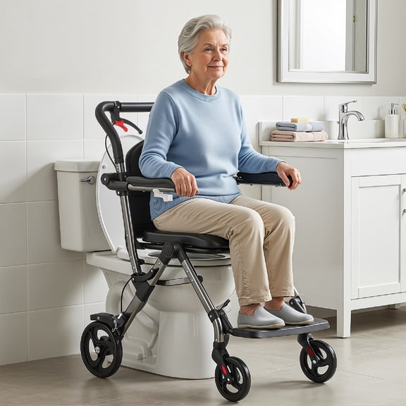 3 in 1 Shower Commode Wheelchair with 4 Lockable Wheels, Bedside Commode Chair with Arms, Footrests, Detachable Bucket, for Senior & Handicap, 330lbs Capacity