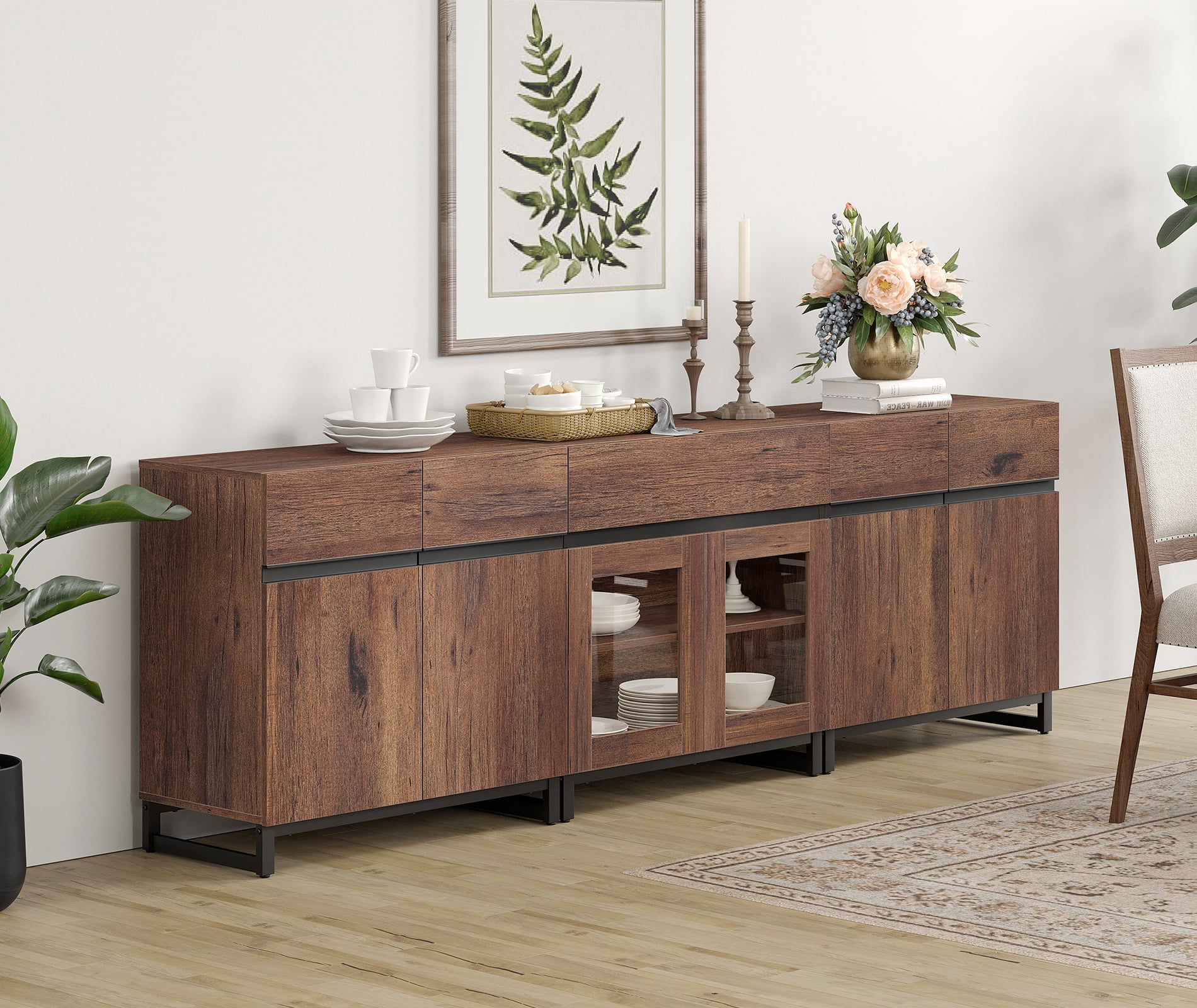 3 In 1 Sideboard Buffet Cabinets With Glass Doors And 1 Drawers, Modern Sideboard Credenza With Adjustable Shelf And Metal Base, Coffee Bar Cabinet Storage Cabinet,Brown