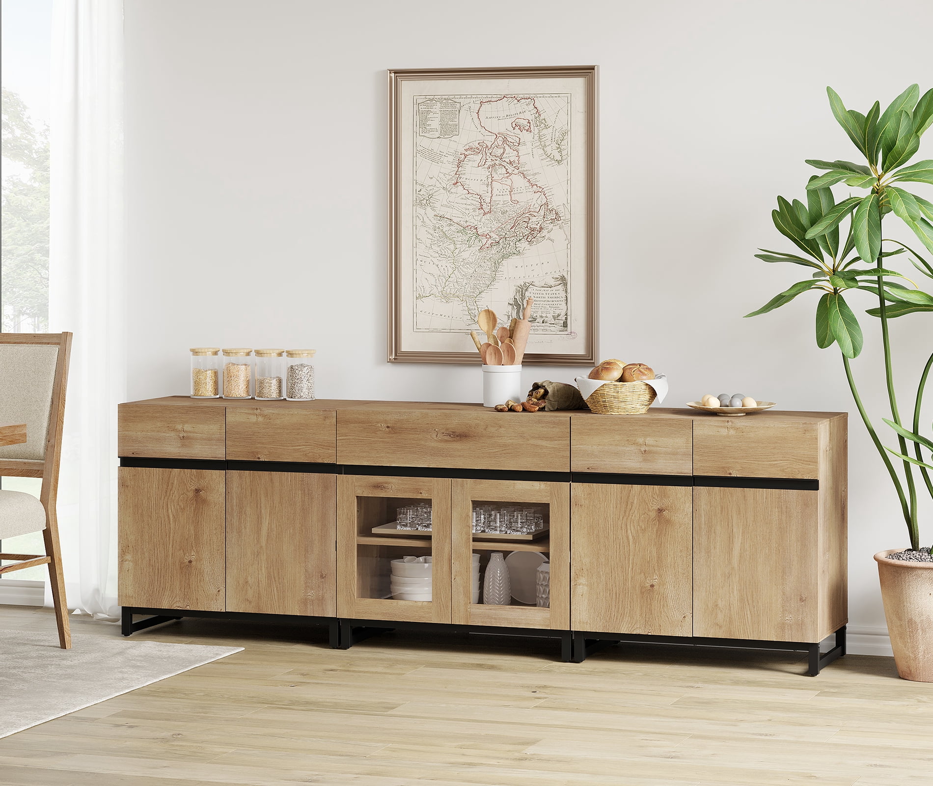 3 In 1 Sideboard Buffet Cabinets With Glass Doors And 1 Drawers, Modern Sideboard Credenza With Adjustable Shelf And Metal Base, Coffee Bar Cabinet Storage Cabinet,Oak