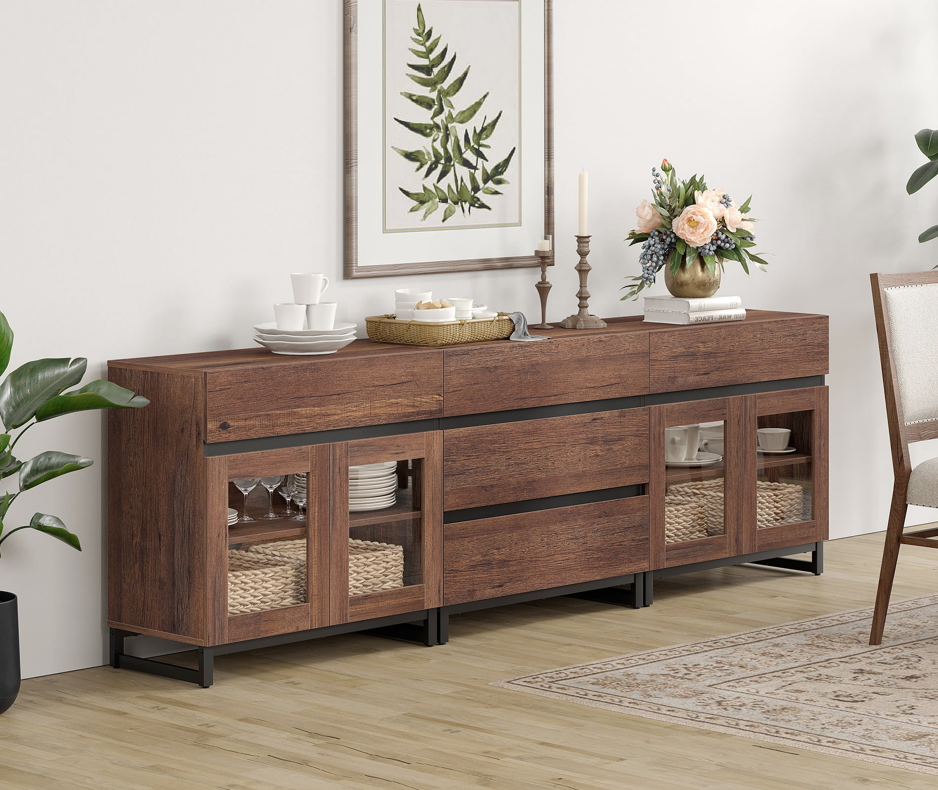 3 In 1 Sideboard Buffet Cabinets With Glass Doors And 5 Drawers, Modern Sideboard Credenza With Adjustable Shelf And Metal Base, Coffee Bar Cabinet Storage Cabinet For Living Room, Kitchen