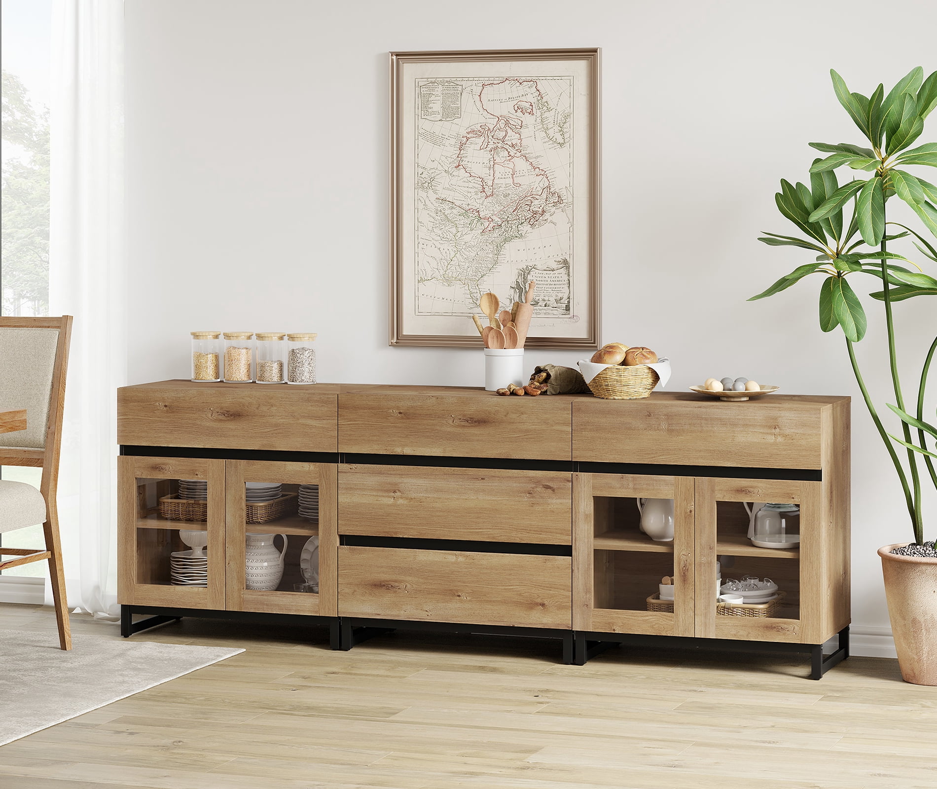 3 In 1 Sideboard Buffet Cabinets With Glass Doors And 5 Drawers, Modern Sideboard Credenza With Adjustable Shelf And Metal Base, Coffee Bar Cabinet Storage Cabinet For Living Room, Kitchen