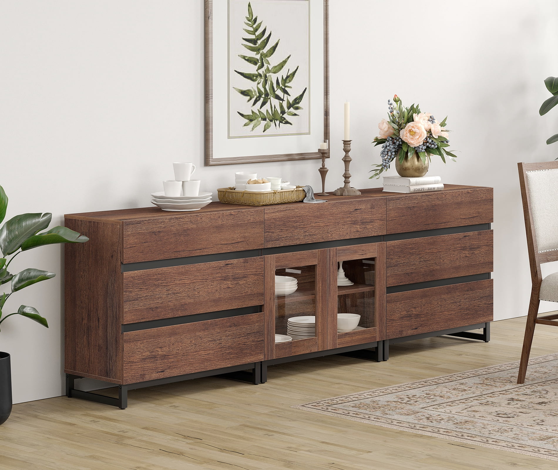 3 In 1 Sideboard Buffet Cabinets With Glass Doors And 7 Drawers, Modern Sideboard Credenza With Adjustable Shelf And Metal Base, Coffee Bar Cabinet Storage Cabinet For Living Room, Kitchen