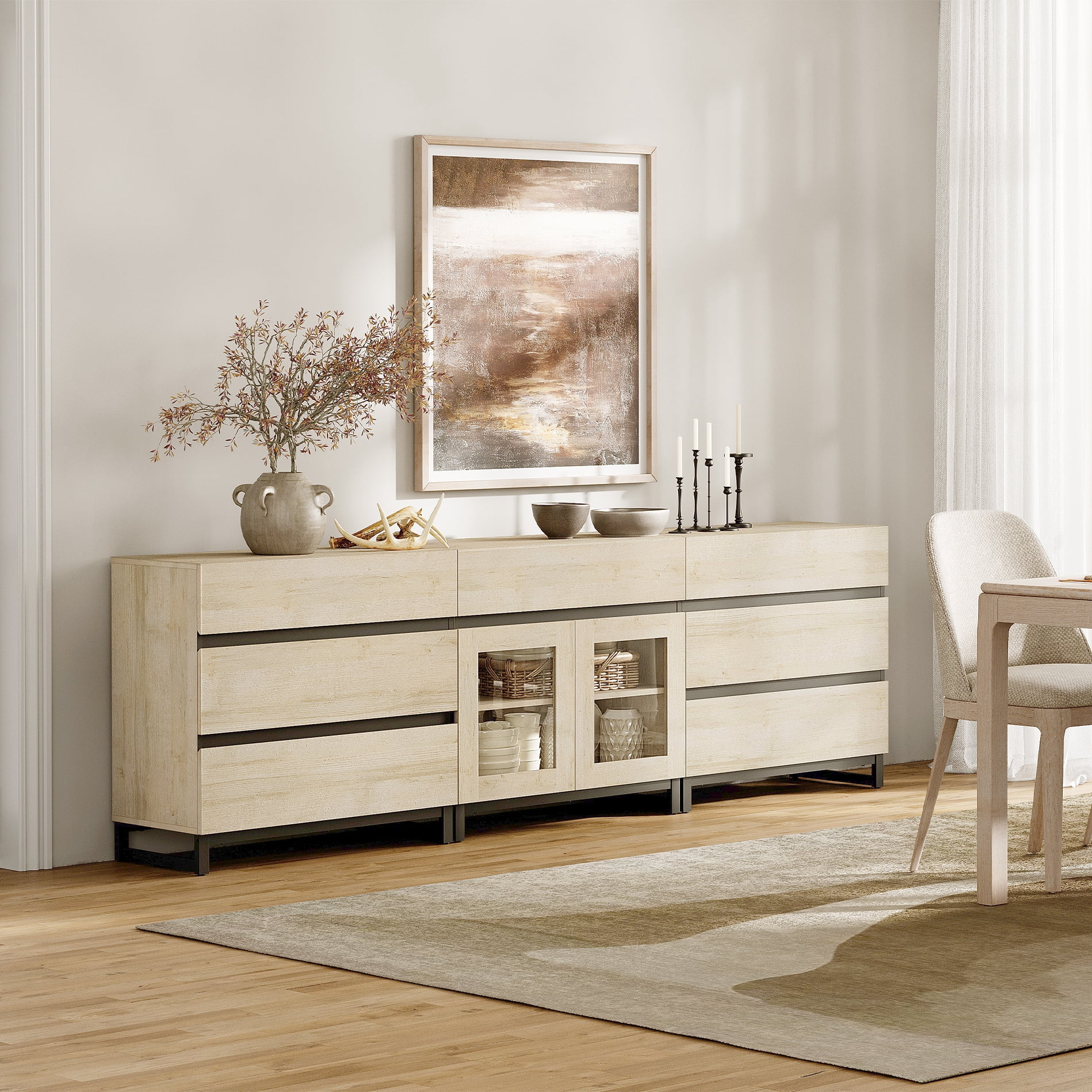 3 In 1 Sideboard Buffet Cabinets With Glass Doors And 7 Drawers, Modern Sideboard Credenza With Adjustable Shelf And Metal Base, Coffee Bar Cabinet Storage Cabinet For Living Room, Kitchen