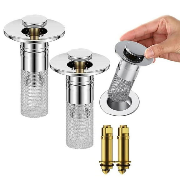 3 in 1 Sink Drain Strainer with Hair Catcher,2PCS Stainless Steel Popup Sink Stopper with Basket for Bathroom Kitchen Shower,Pop-up Bounce Core Floor Basin Drain Filter,Replacement Sink Plug