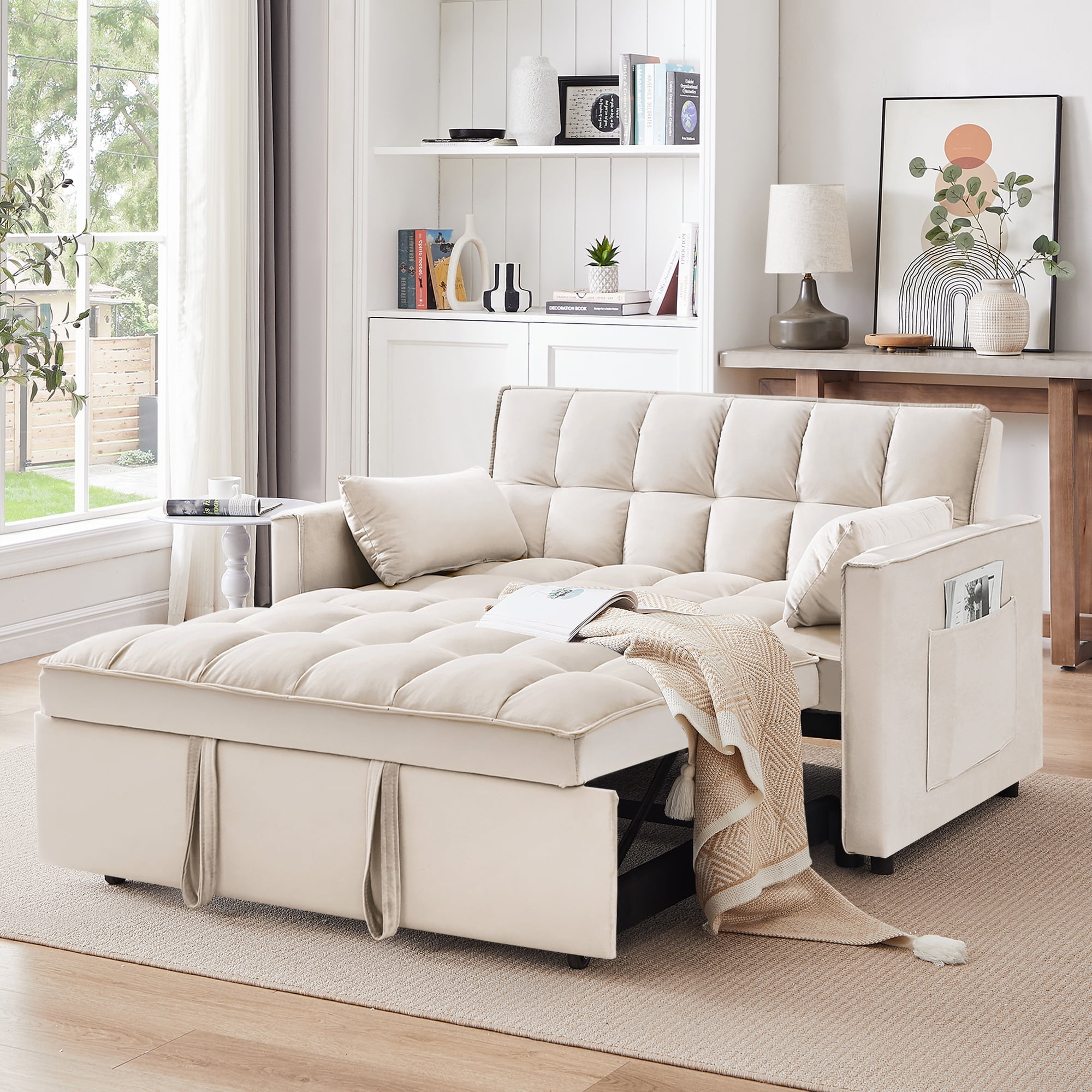 3 in 1 Sleeper Sofa Bed,55" Modern Velvet Convertible Sofa Bed with Pull Out Bed,Futon Loveseat Sofa Bed with 2 Toss Pillows and Adjustable Backrest for Living Room Furniture,Beige