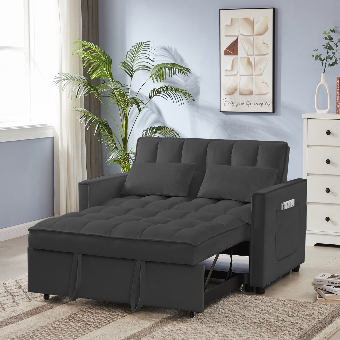 3 in 1 Sleeper Sofa Bed, Convertible Lounge Couch Bed with Side Pockets