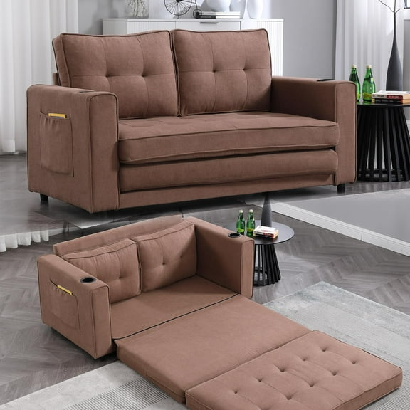 3 in 1 Sleeper Sofa Couch Bed,Small Tufted Velvet Convertible Loveseat Futon Sofa Pullout Bed, with Storage Pockets Chaise for Living Room Apartment Lounge Foldable (Brown)