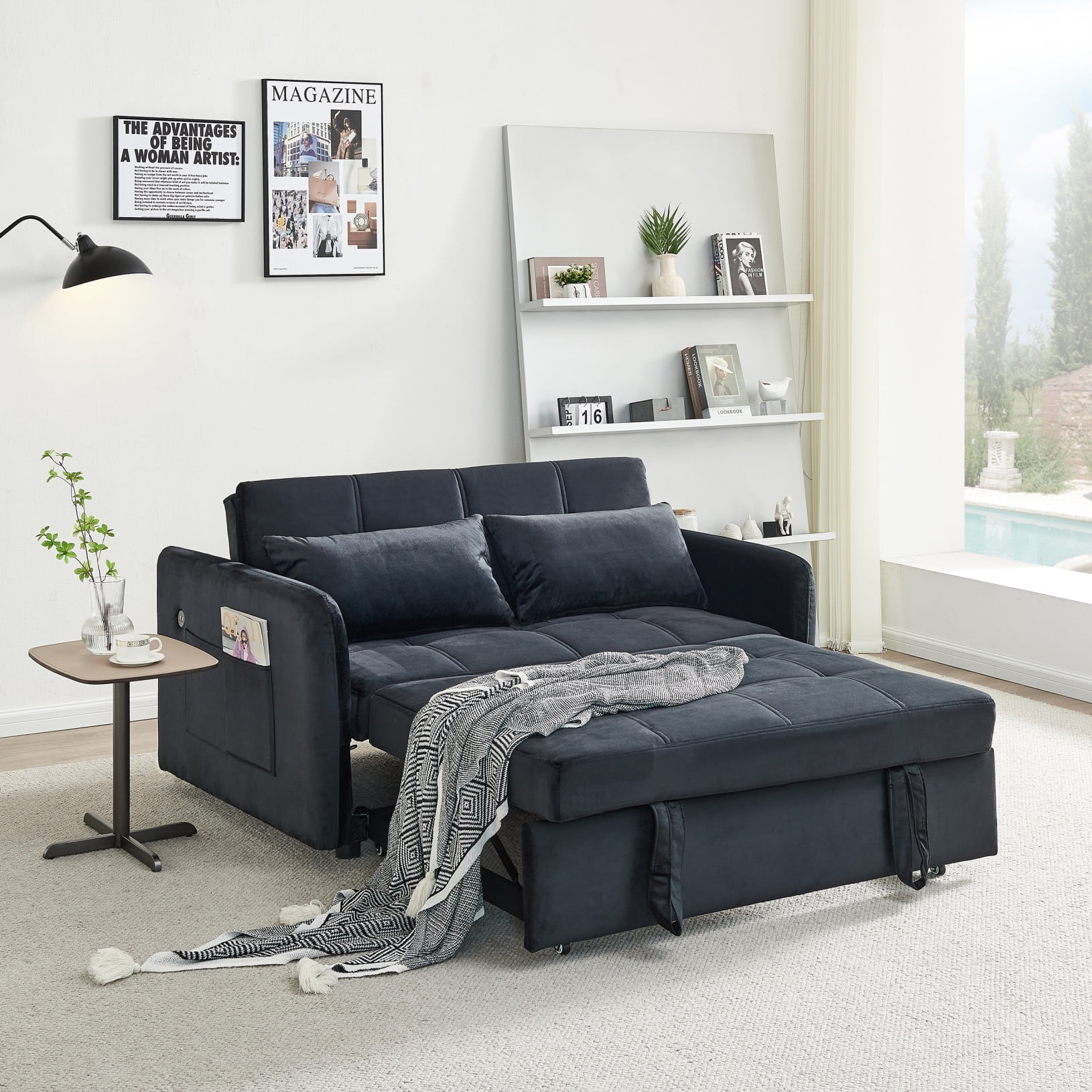 3 in 1 Sleeper Sofa Couch Bed with USB Socket,Two Pillows and Pockets