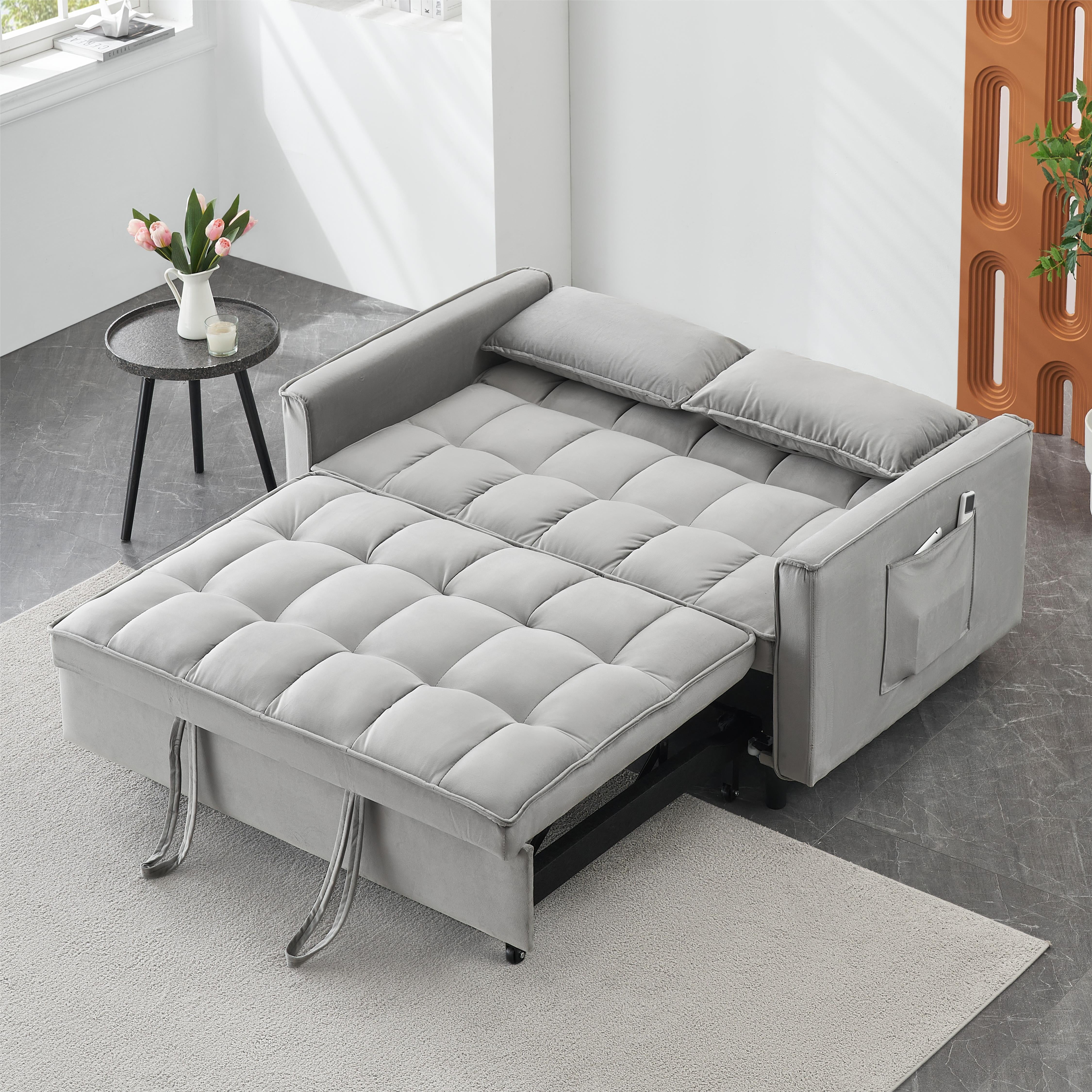 3 in 1 Sleeper Sofa Couch Bed,Velvet Convertible Futon Sofa Bed with ...