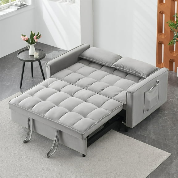 3 in 1 Sleeper Sofa Couch Bed,Velvet Convertible Futon Sofa Bed with Pull Out Bed and Adjustable Backrest,Lounge Chaise Armchair Sofa for Living Room Bedroom Apartment,Gray
