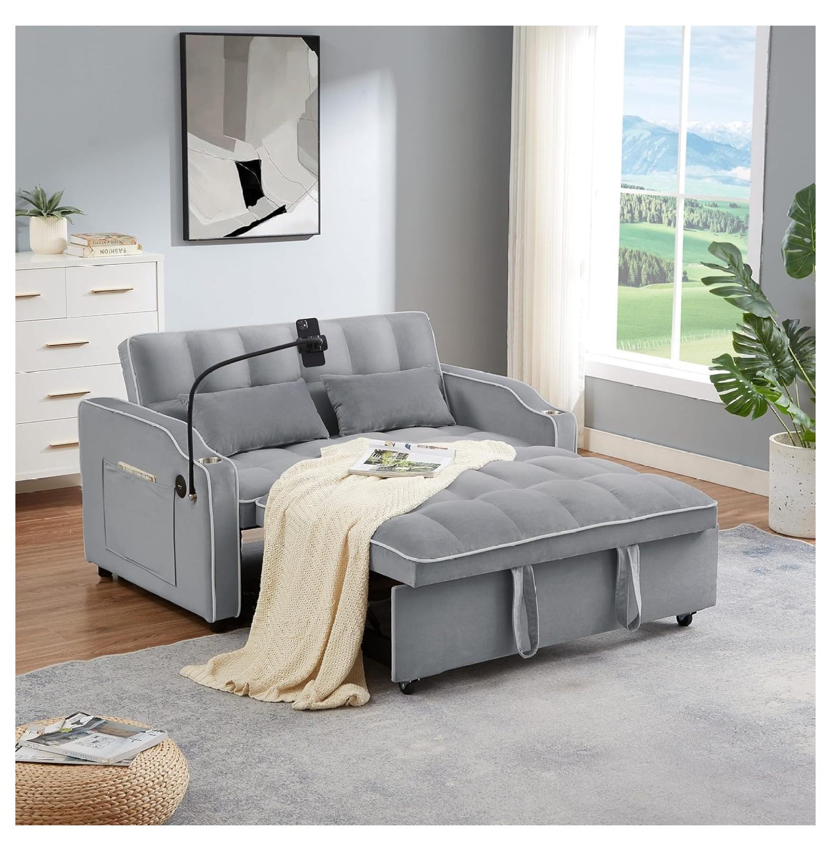 3 in 1 Sleeper Sofa Couch Bed, Velvet Convertible Loveseat Sleeper Sofa