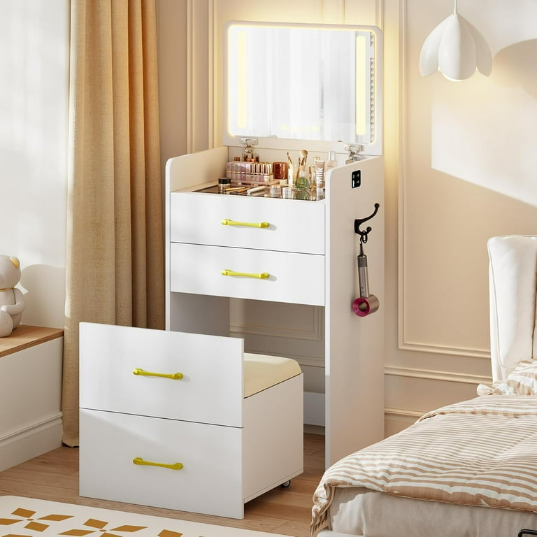 in Small Vanity Desk with Flip up Mirror and Lights, Glass Top