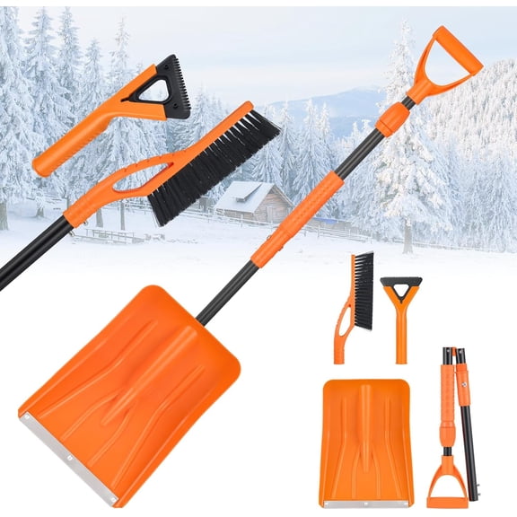 3 in 1 Snow Shovel Snow Brush and Ice Scraper Kit,Foldable Extendable Snow Shovel Snow Brush Ice Scraper for Car SUV Truck Vehicle Jeep RV Auto,Orange