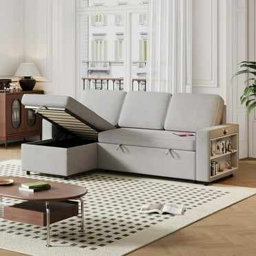 3 in 1 Sofa Bed Couch, 3 Seater Couch Bed with Storage Chaise T-pyce Port and USB Charge Port, 85.8" L-Shaped Sofa, Sleeper Sofa Couch with Pullout Bed, Light Gray