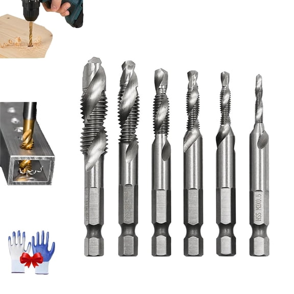 3 in 1 Spiral Flute Drill Bits, 3 in 1 Combo Tap, High-Speed Steel 1/4" Hex Shank Titanium Coated Screw Threading Drilling Tapping Tool Kit, for Woodworking
