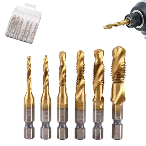 3 in 1 Spiral Tap Hex Shank Drill Bit Set, 6PCS Drill and Tap Set - High-Speed Taps, 3-in-1 Titanium Coated Screw Tapping Bit Tool Kit for Drilling, Tapping and Countersinking (Gold（Short）)