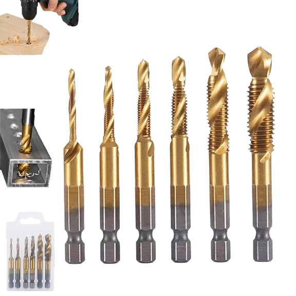 3 in 1 Spiral Tap Hex Shank Drill Bit Set, Professional Thread Tap Drill Bit Set, Metric Combination Threading Tools Kit, Quick Change Impact Driver Socket, Professional Repair (Gold-Long)