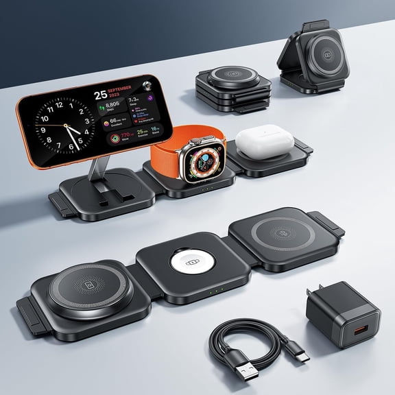 3 in 1 Station for Devices, Foldable Station for 17/16/15/14/13/12, Watch & AirPods with Magsafe Charger Stand, Travel Essentials Charger (Black)