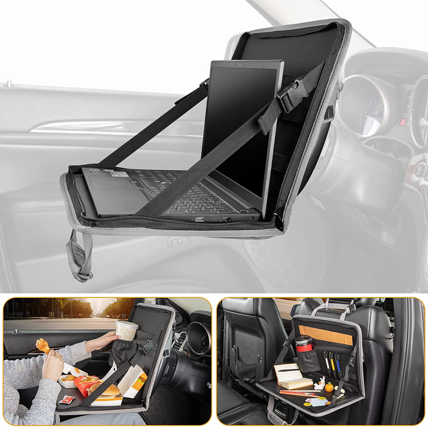 3 in 1 Steering Wheel Eating Tray (Gray), Car Back Seat Laptop Desk