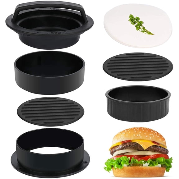 3 in 1 Stuffed Burger Press Patty Maker Rings Molds Kit, Non Stick Stuffer Hamburger Press Patty Maker - with 100 Pcs Wax Hamburger Patty Paper, Sausage Patty Press for Slider/Pattie/Grilling