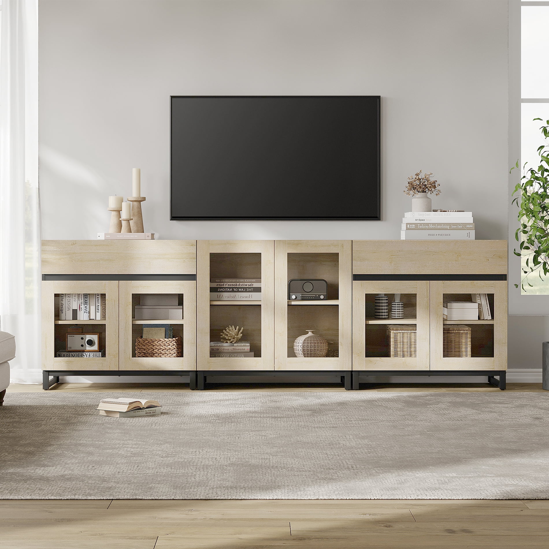 3 In 1 TV Stand For Tvs Up To 100 Inch, Modern Entertainment Center With Glass Doors And Metal Legs, TV Console With Adjustable Shelf For Living Room, Bedroom,Beige