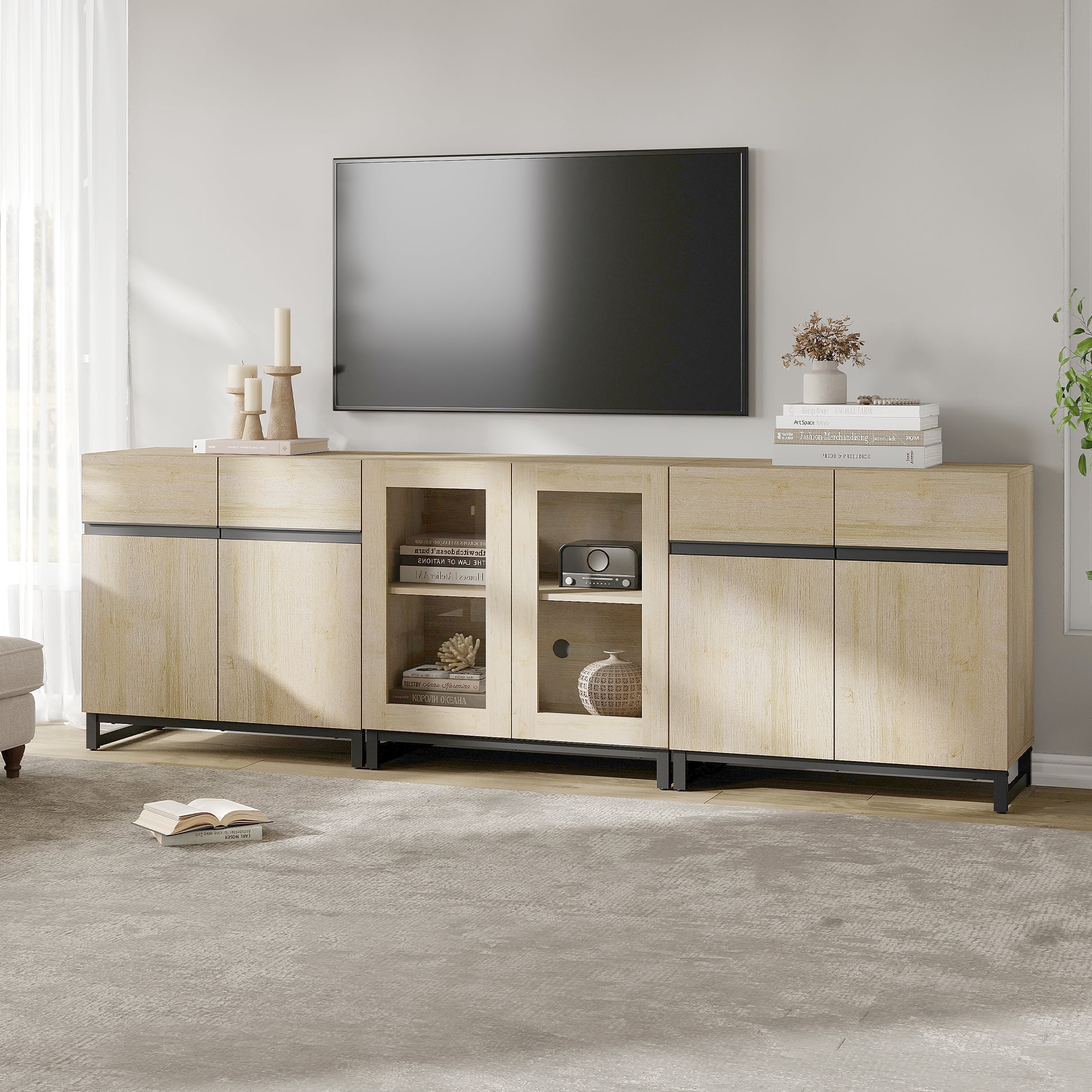 3 In 1 TV Stand For Tvs Up To 100 Inch, Modern Entertainment Center With Glass Doors And Metal Legs, TV Console With Adjustable Shelf For Living Room, Bedroom,Beige