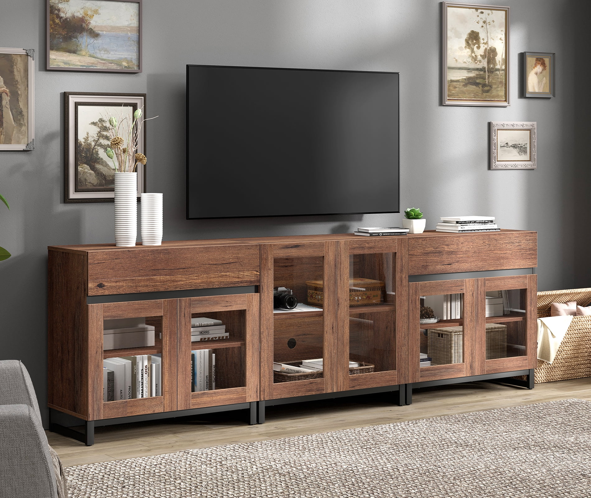 3 In 1 TV Stand For Tvs Up To 100 Inch, Modern Entertainment Center With Glass Doors And Metal Legs, TV Console With Adjustable Shelf For Living Room, Bedroom,Brown