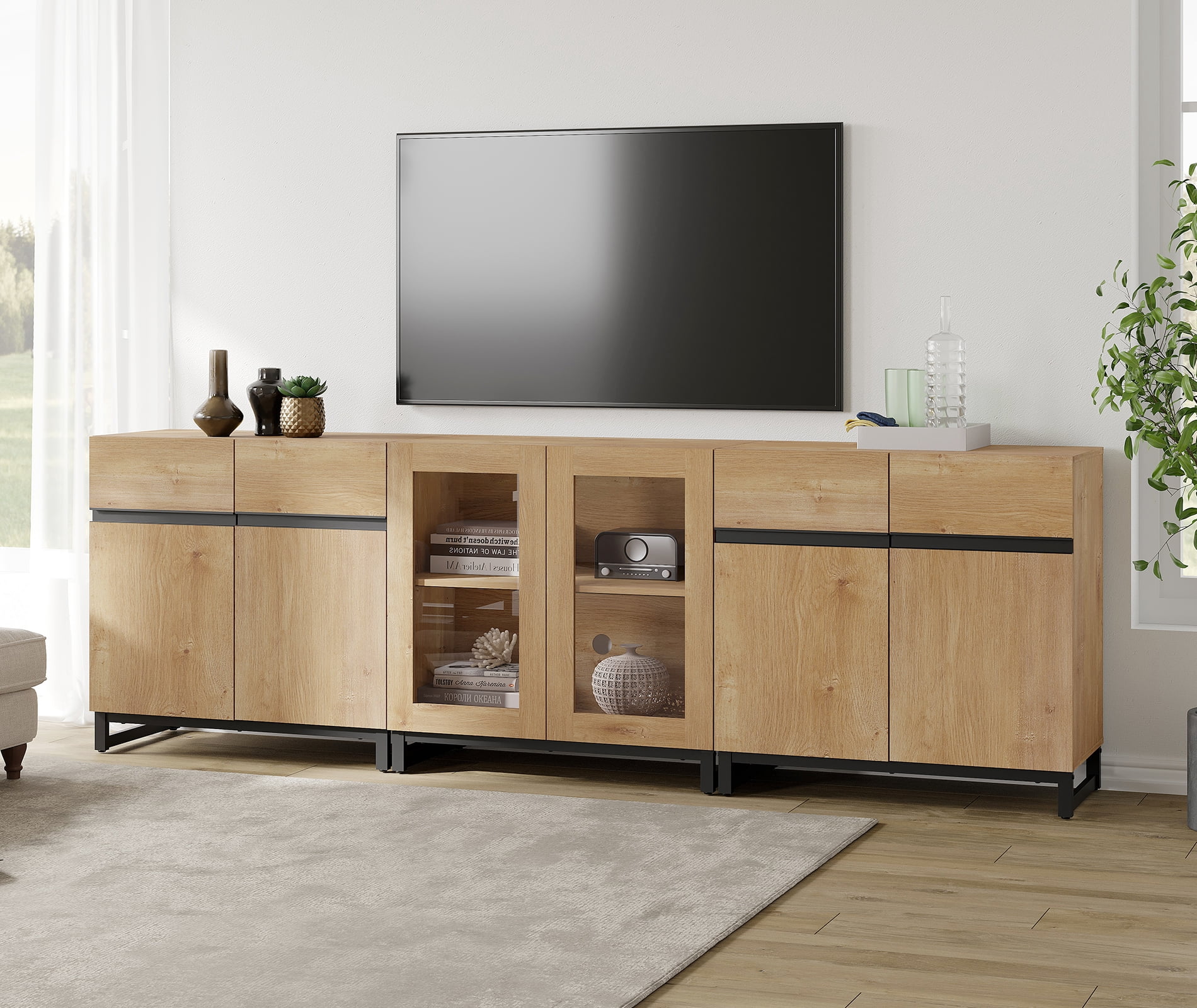 3 In 1 TV Stand For Tvs Up To 100 Inch, Modern Entertainment Center With Glass Doors And Metal Legs, TV Console With Adjustable Shelf For Living Room, Bedroom,Oak