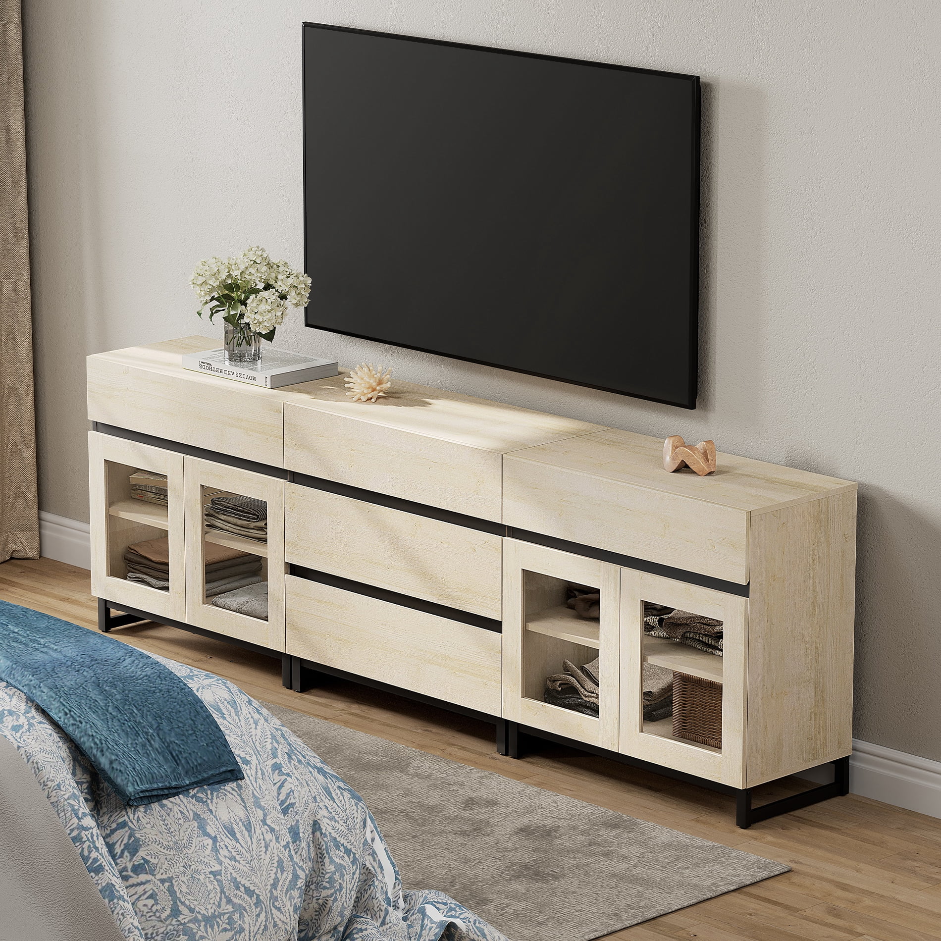 3 In 1 TV Stand For Tvs Up To 100 Inch, Modern TV Console With Glass Doors And 5 Drawers, Media Console With Adjustable Shelf For Living Room, Bedroom,Beige
