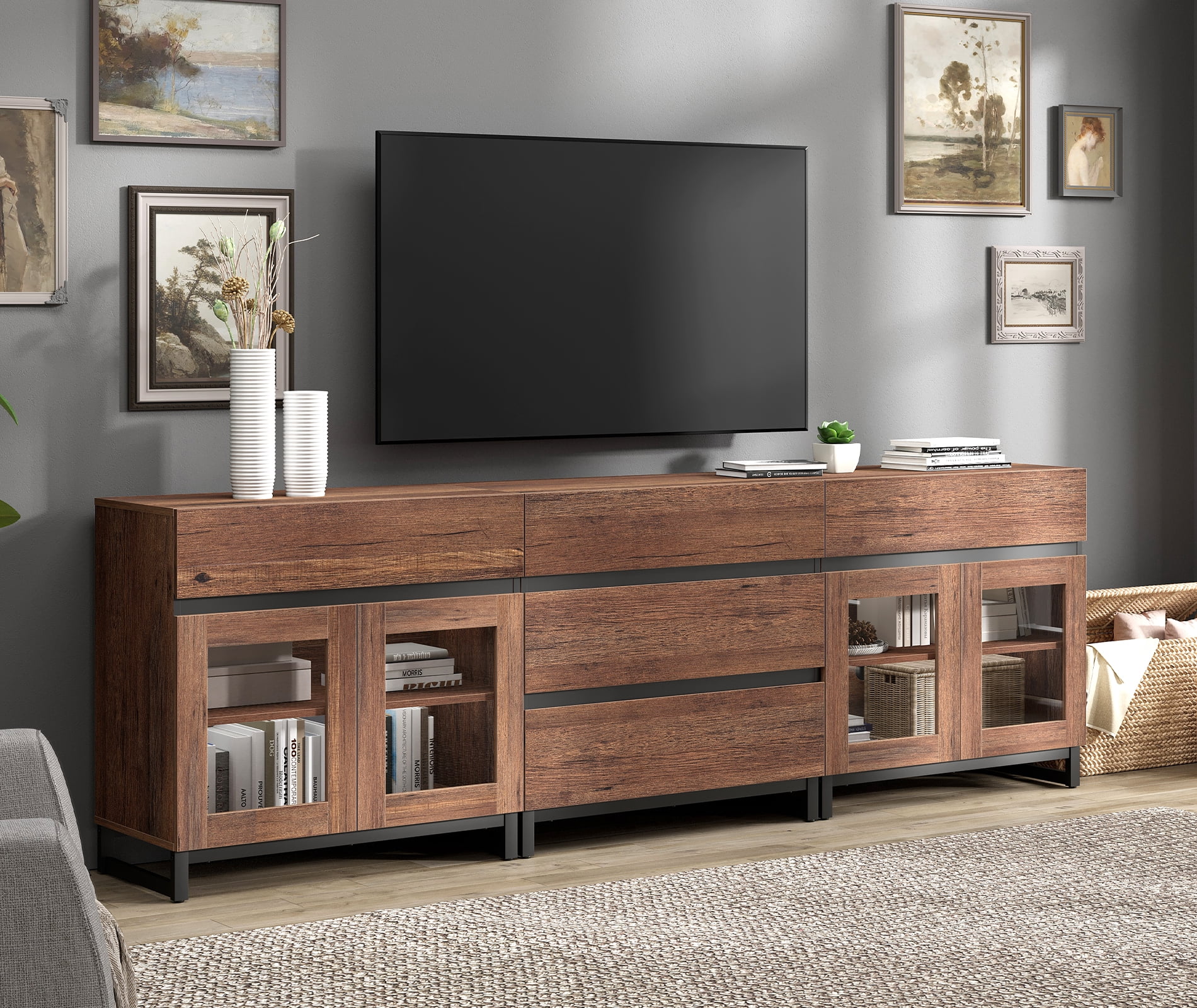 3 In 1 TV Stand For Tvs Up To 100 Inch, Modern TV Console With Glass Doors And 5 Drawers, Media Console With Adjustable Shelf For Living Room, Bedroom,Brown