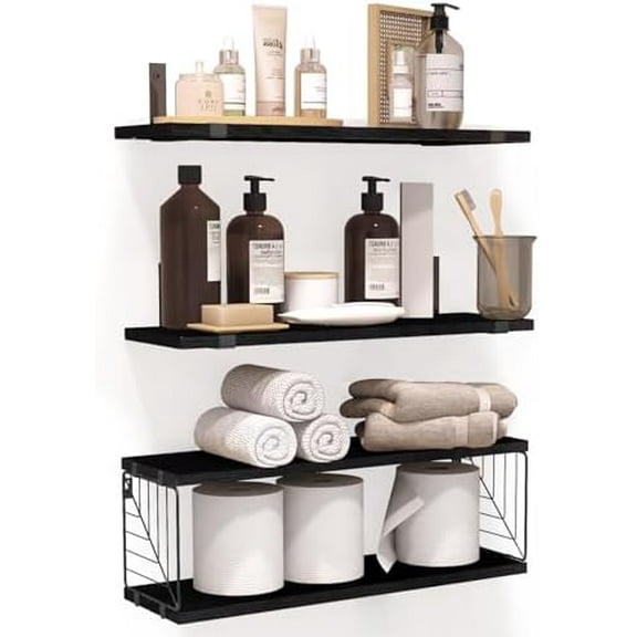 3+1 Tier Bathroom Floating Shelves Over Toilet, 15.8in Farmhouse Rustic Wood Shelves, Wall Decor for Bathroom, Living Room,Bedroom and Kitchen (Black)