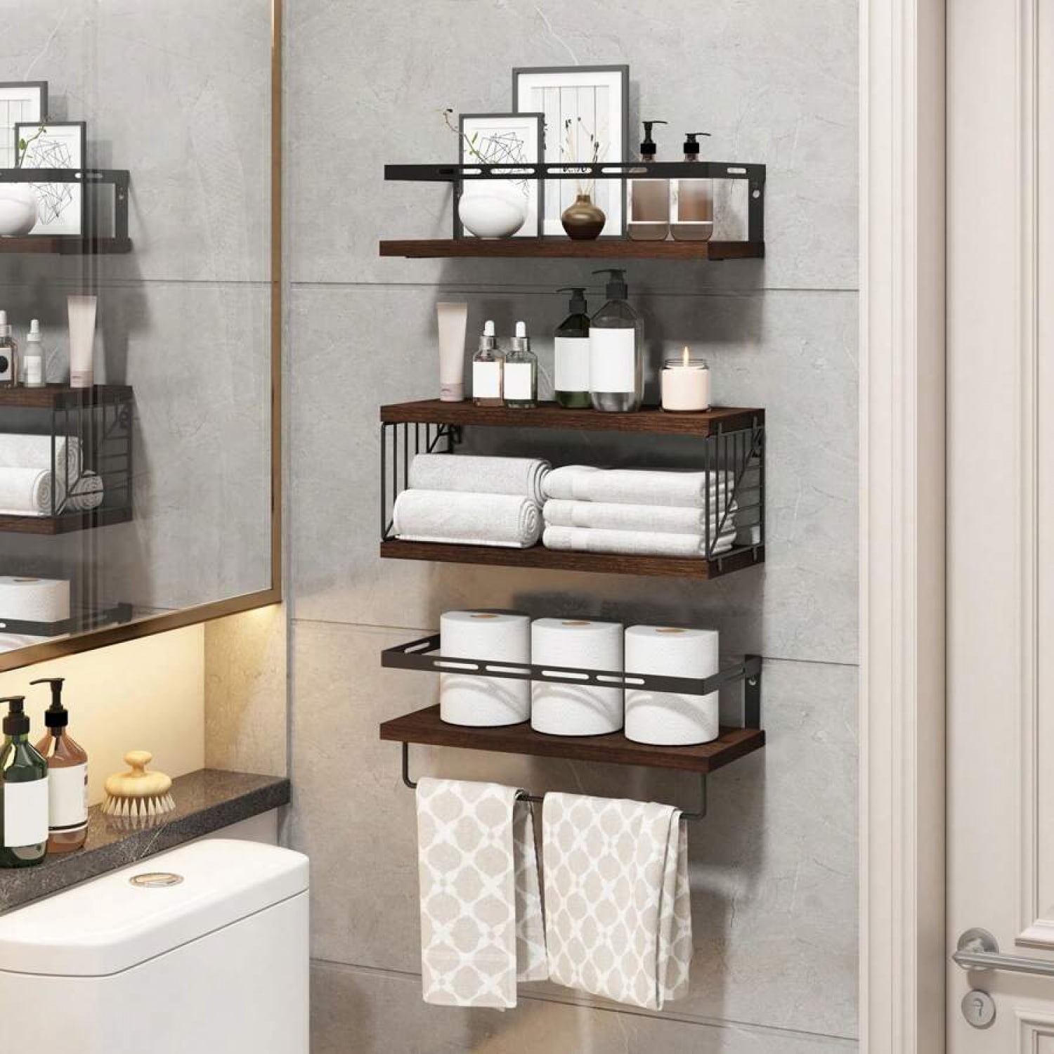 3+1 Tier Wall Mounted Bathroom Shelves Over Toilet, Rustic Wood ...