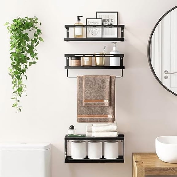 3+1 Tier Wall Mounted Bathroom Shelves Over Toilet, Rustic Wood Floating Shelves with Metal Frame and Towel Bar for Bathroom, Kitchen, Bedroom, Living Room (Black)