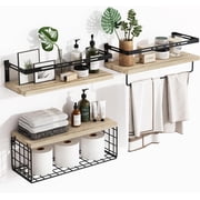 3+1 Tier Wall Mounted Floating Shelves with Metal Frame, Rustic Wood Bathroom Shelves Over Toilet with Wire Storage Basket and Towel Bar for Bathroom, Kitchen, Bedroom Rustic Brown