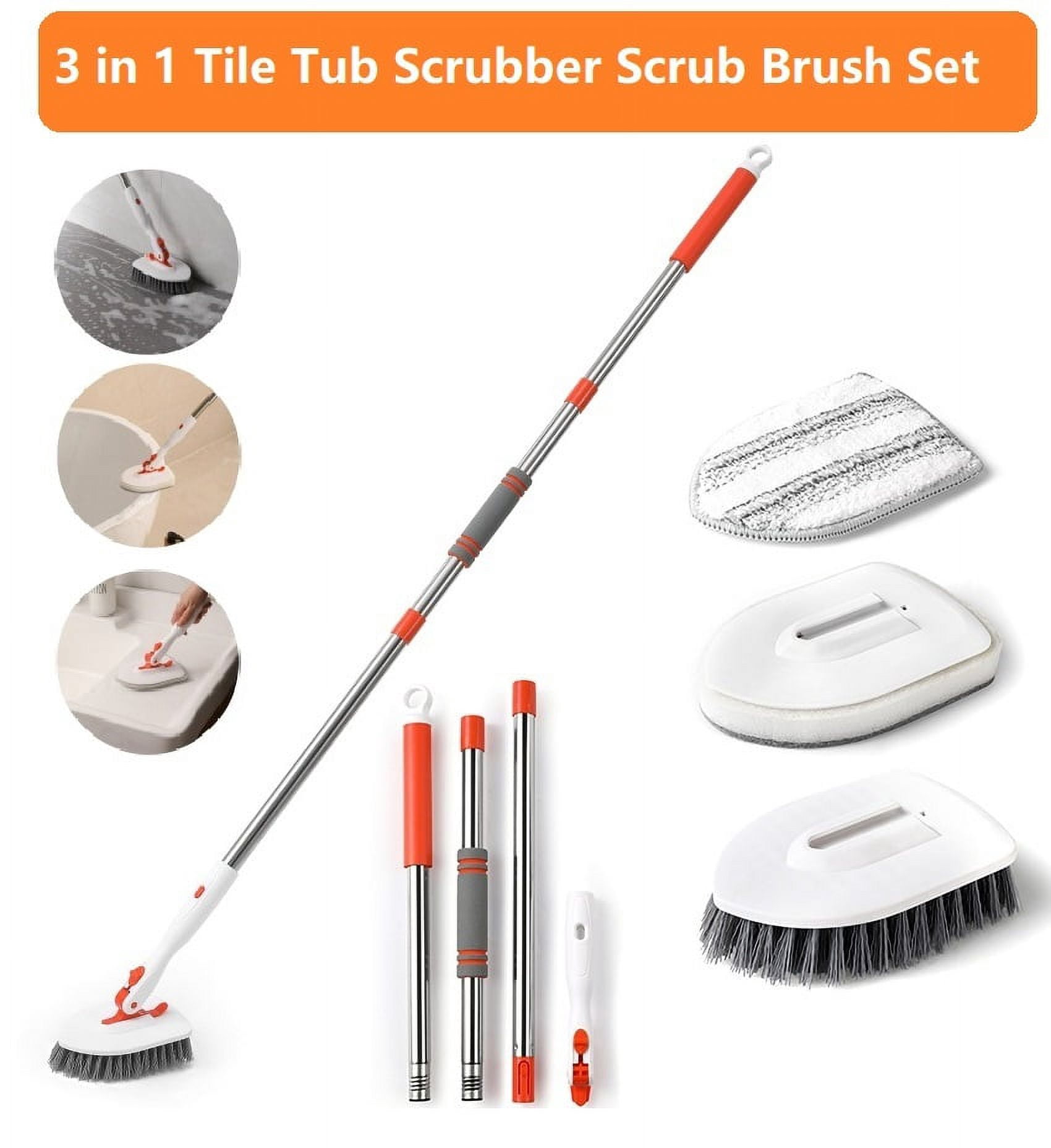 3 in 1 Tile Tub Scrubber Scrub Brush Set with 52'' Extendable Long ...