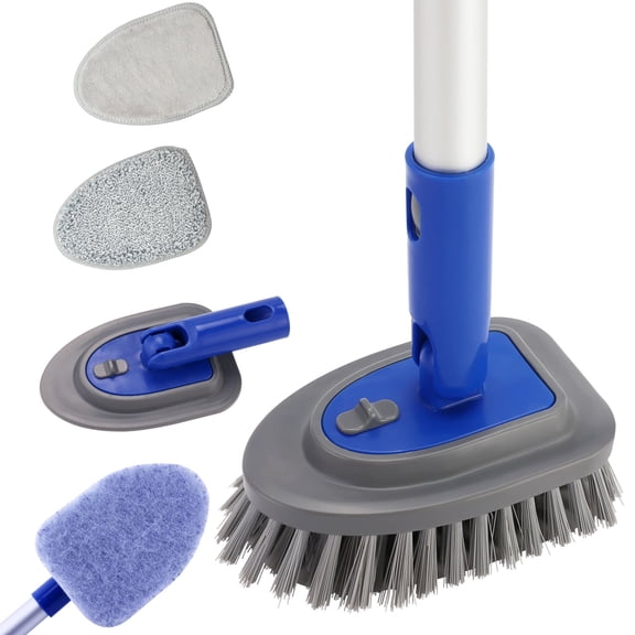 3 in 1 Tile Tub Shower Scrubber,Cleaning Brush with 58" Long Handle,Detachable Stiff Bristle Scrub Brush-3 Scouring Pads, 2 Brush Heads for Bathroom Kitchen Wall Tub Tile Sink (Blue)