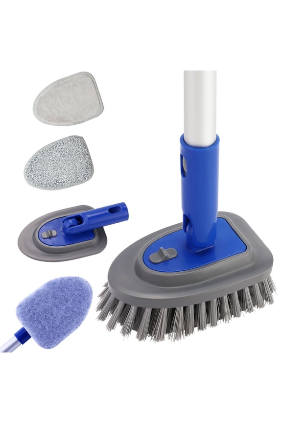 3 in 1 Tile Tub Shower Scrubber,Cleaning Brush with 58" Long Handle,Detachable Stiff Bristle Scrub Brush-3 Scouring Pads, 2 Brush Heads for Bathroom Kitchen Wall Tub Tile Sink (Blue)
