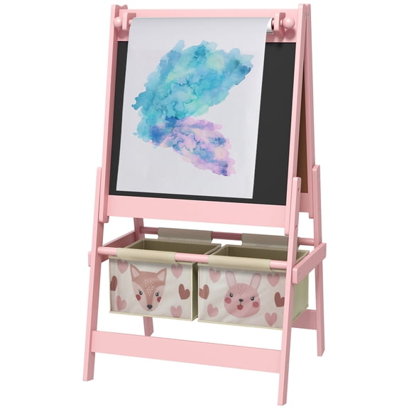 3 in 1 Toddler Art Easel with Paper Roll, Pink MDF Kids Easel for Drawing, Blackboard and Whiteboard with Storage Baskets, Space Saving Art Easel for Small Playroom