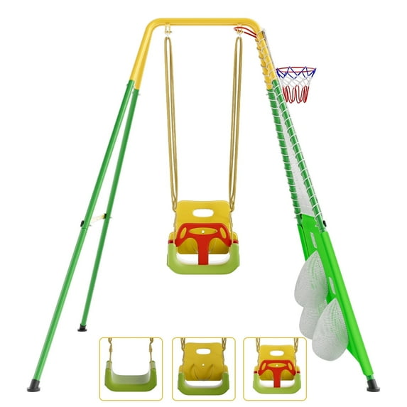 3 in 1 Toddler Swing Set with Basketball Rim and Soccer Scoring Net, Indoor Outdoor Baby Swing with Metal Stand, Kids Swing Set for Backyard, Free Soccer Basketball and Pump, Easy to Assemble(Green)