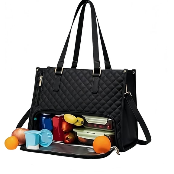 3 in 1 Tote Bag for Women Lunch -Insulated Compartment,Quilted Large Capacity Computer Handbag with Purse for Business,Removable Lunch Bag for Business,Work, Travel, Office(Black)