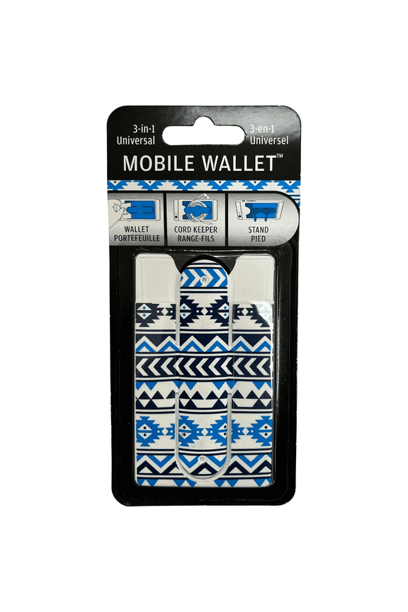 3 in 1 Tribal Pattern Universal Mobile Wallet, Cord Keeper, Stand, Stylish, Compact Phone Accessory, Card Storage, Tangle Free Cord Management, Hands Free Viewing for Phones, Devices, Blue