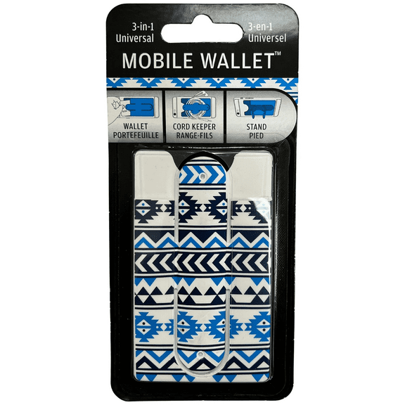 3 in 1 Tribal Pattern Universal Mobile Wallet, Cord Keeper, Stand, Stylish, Compact Phone Accessory, Card Storage, Tangle Free Cord Management, Hands Free Viewing for Phones, Devices, Blue